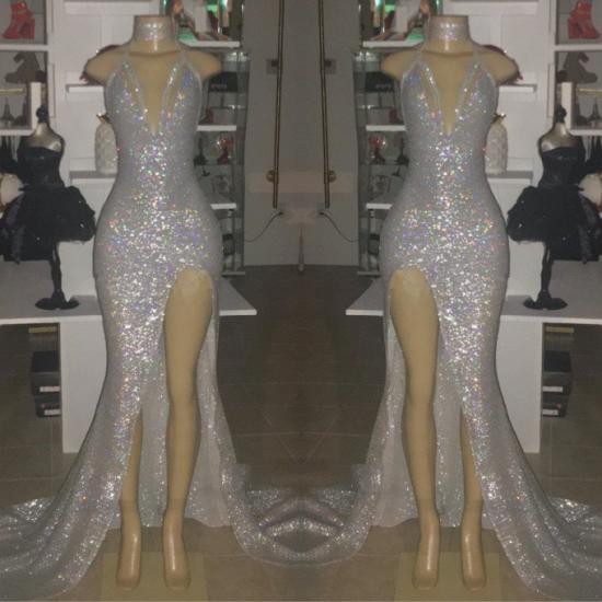 V-neck Sequins Mermaid Front Slit Floor Length Prom Dresses_3