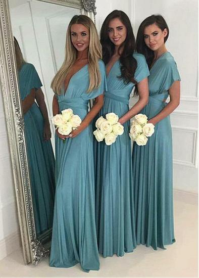 Blue  Full-length A-line Spandex V-neck  Bridesmaid Dress_1
