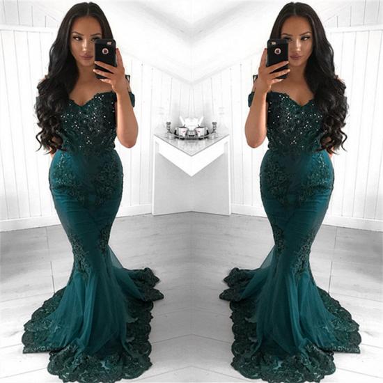 Dark Green Mermaid Lace Evening Dresses | 2022 Off the Shoulder Beading Sexy Prom Dresses_3