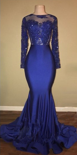 Sexy Open Back Royal Blue Real Model Prom Dresses | Lace Long Sleeve Mermaid Evening Gown_3