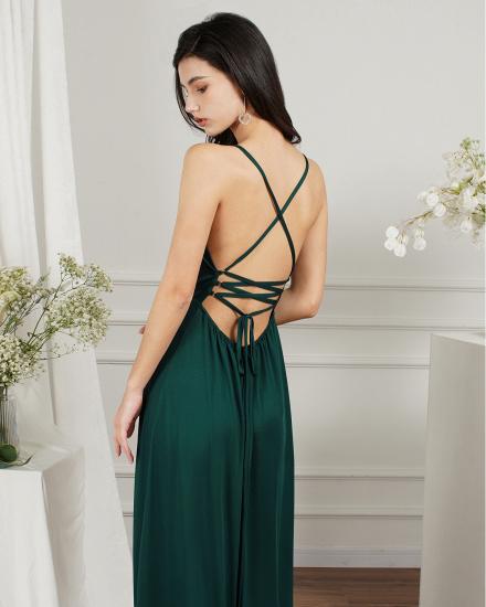 Dark Green V-Neck Side Slit Floor Length Prom Dresses | Evening dresses long V neckline_8