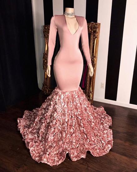 Rosa lange Ärmel Blumen Meerjungfrau Abschlussballkleider | 2022 Elegantes V-Ausschnitt Abendkleid_2