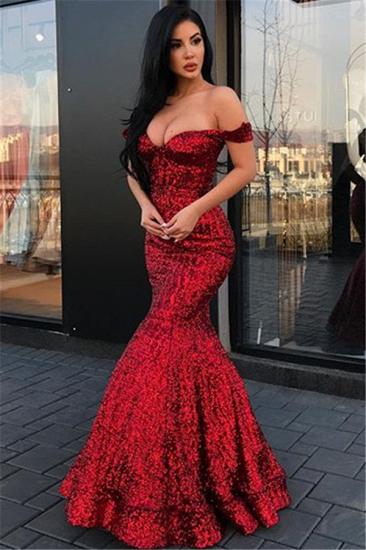 Sparkly Red Sequined Off Shoulder Evening Dresses | 2022 Mermaid Floor Length Prom Dresses_2