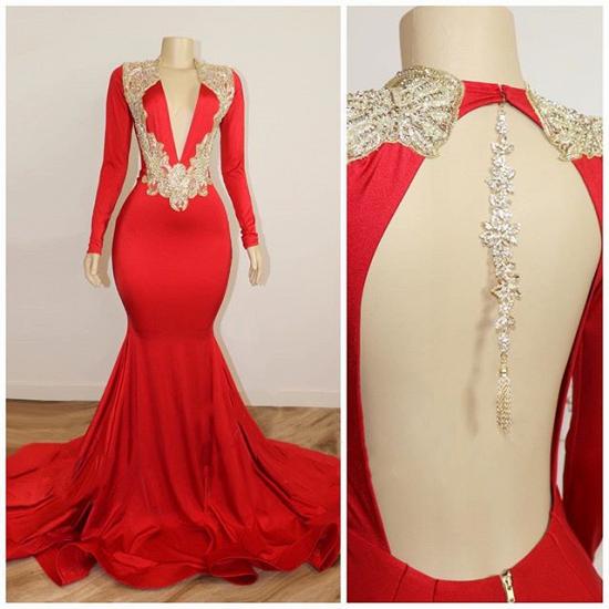 Long Sleeve Red Prom Dresses with Beads Crystals | V-neck Open Back Sexy Evening Gowns Cheap_2