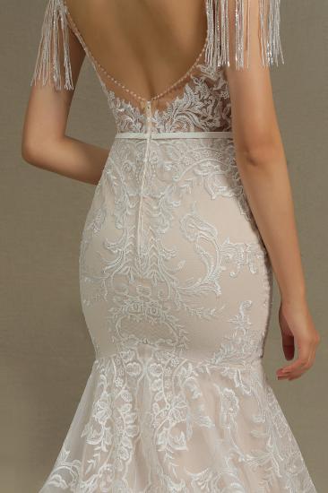Glamorous Lace Appliques Mermaid Wedding Gown Fur Leather Off Shoulder V-Neck Maxi Dress for Bride_8