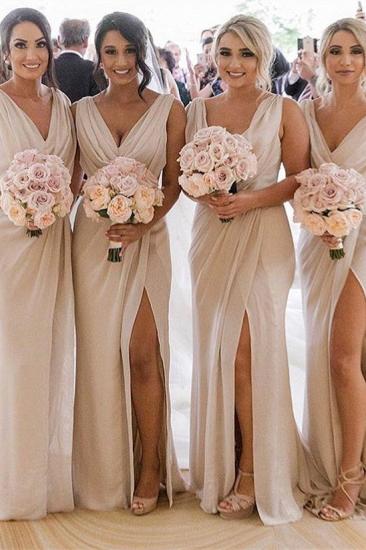 Simple Chiffon Long Bridesmaid Dresses | V-Neck Sleeveless Side-Slit Prom Dresses