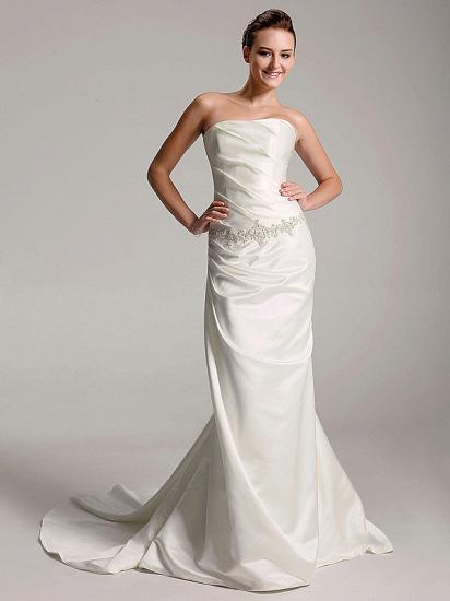 Affordable Sheath Strapless Wedding Dress Satin Sleeveless Bridal Gowns with Court Train
