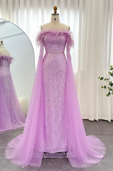 Glamorous Glitter Beading Mermaid Evening Gowns Fur Tulle Long Party Dress with Cape Sleeves