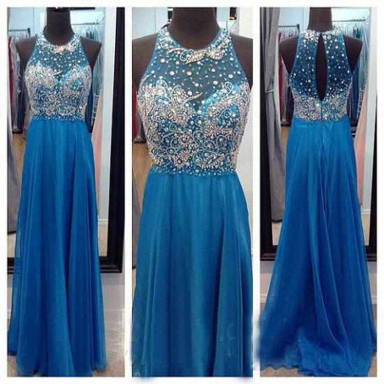 Ocean Blue Halter Sparkly 2022 Chiffon Prom Dresses with Sheer Back Crystal Popular Long Evening Dresses_2