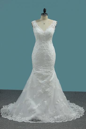 TsClothzone Elegantes Meerjungfrau-Hochzeitskleid mit V-Ausschnitt, Tüll, weiße Spitzenapplikationen, Perlenstickerei, Brautkleider Online