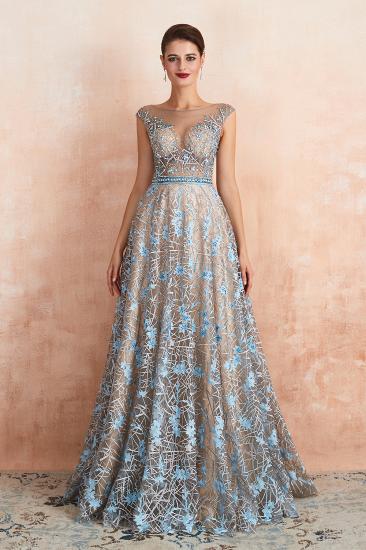 Celandine | Expensive Cap Sleeve See-through Prom Dress with Sky Blue Appliques, Unique Luxury Design Long Evening Dress Online