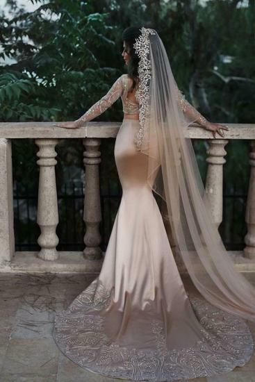 Luxuriöse zweiteilige Meerjungfrau Champagner Brautkleider Mit Spitze Appiques Und Perlen | Günstige Long Sleeves Brautkleider zum Verkauf_2