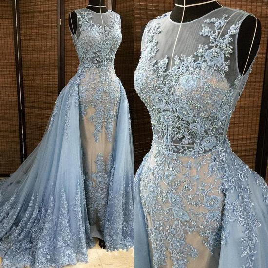 Gorgeous Column Sleleveless Long Evening Dresses | Lace Appliques Beading Sexy Prom Dress with Overskirt_3