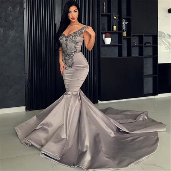 Hot V-Neck Silver Sleeveless Beaded Evening Dresses | Mermaid Beaded Appliques Evening Gowns_3
