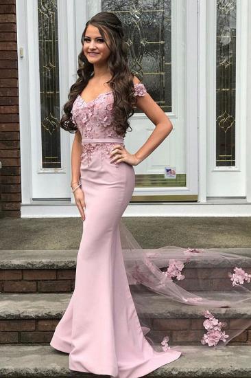 Beautiful Off-the-shoulder Mermaid Lace Appliques Pearl Pink Bridesmaid Dress with Belt_1