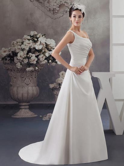 A-Line Wedding Dress One Shoulder Satin Spaghetti Strap Bridal Gowns with Sweep Train_2