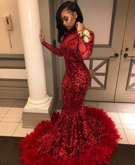 Long Sleeve Mermaid Red Prom Dresses Cheap 2022 | Sequins Appliques Feather Evening Dress_3