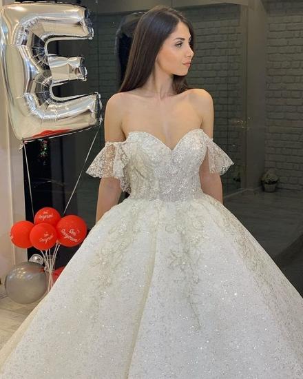 Glitter Off Shoulder Backless Ball Gown Wedding Dress_4