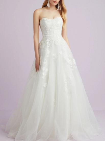 Romantische, rückenfreie Brautkleider in A-Linie mit Schatz-Spitze und Tüll, trägerlose Brautkleider mit Hofschleppe