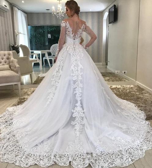 Elegant Long Sleeves Off Shoulder V-Neck White/Ivory Wedding Dress with Floral Appliques_2