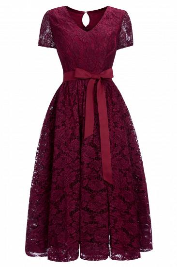 Burgundy Short Sleeves Flower Lace V-neck Dresses with Sash