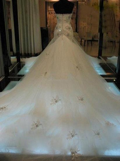 Court Train Mermaid Beading Sleeveless Tulle Sweetheart Wedding Dresses_3
