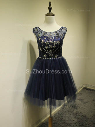 Cute Blue Tulle Mini Cocktail Dresses with Beadings Short Elegant Open Back Fashionable Dresses for Juniors_2
