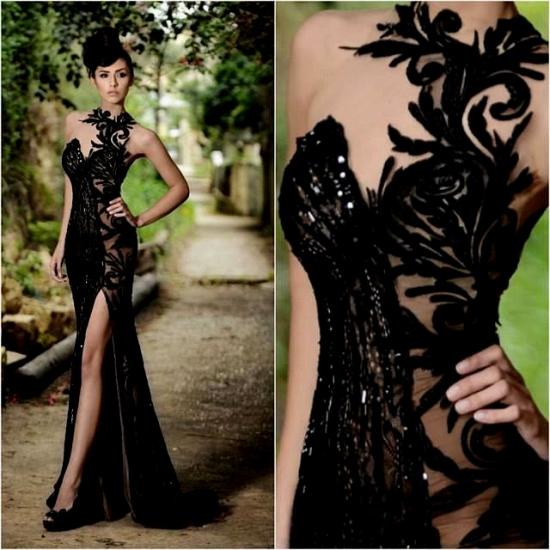 Sexy Front Split Black Lace Appliques Evening Gowns 2022 Beaded Sexy Formal Dresses_3