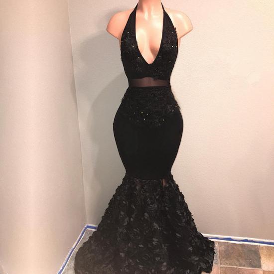 Black V-Neck Prom Dress | Mermaid Evening Gown With Flowers Bottom BA9153_3