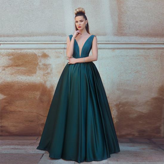 Dark Green A-Line Deep V-Neck Prom Dresses 2022 Ruffles Sleeveless Evening Gowns_3