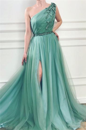 Glamorous One Shoulder Green Tulle Prom Dress with Beading | Sexy Front Slit Long Prom Dress with Beading Sash_1