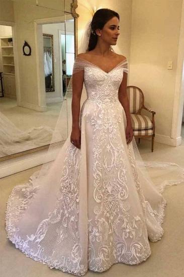 Vintage A Line Off Shoulder Sweep Trian Lace Wedding Dress Bridal Gowns_1