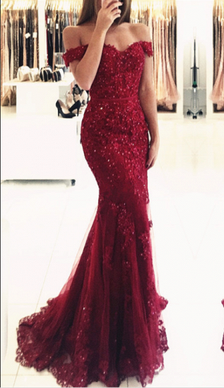 Glamorous Off-the-shoulder Lace Appliques Red Mermaid Evening Dress_3