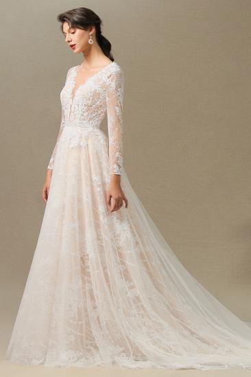 Elegant Lace Deep V-neck Wedding Dress Long Sleeve Floor Length Bridal Gowns_5