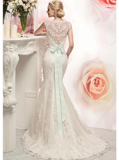 Mermaid Wedding Dress Jewel Lace Tulle Cap Sleeve Bridal Gowns with Court Train_2