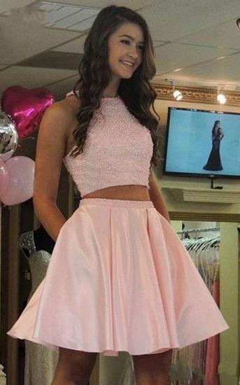 Pink Two Pieces A-line Homecoming Dresses 2022 Pearls Short Cocktail Dresses_2