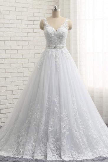TsClothzone Stunning Straps V-Neck Tulle Appliques Wedding Dress Lace Sleeveless Bridal Gowns with Beadings Online