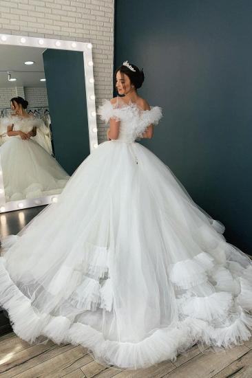 White/Ivory Off the Shoulder Puffy Tulle Lace Ball Gown Princess Bridal Gown_2