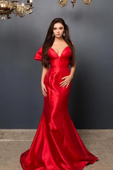 Charming V-neck Red Satin Mermaid Evening Dress with Back Bowtie