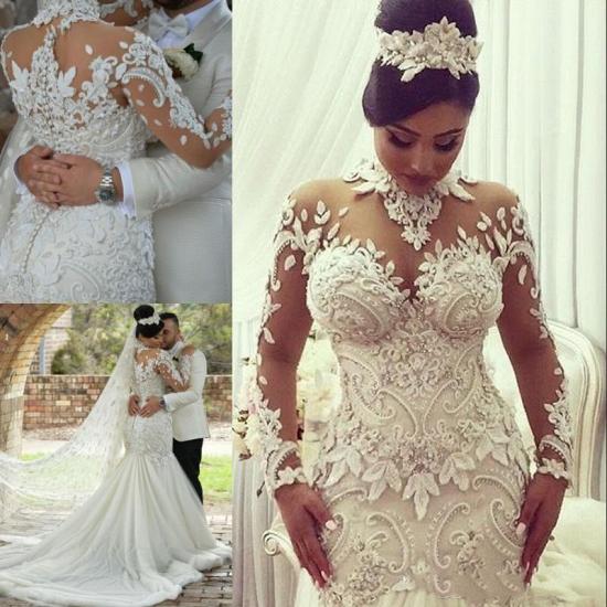 High Neck Beads Appliques Mermaid Wedding Dresses | Sheer Tulle Long Sleeve Bridal Gowns_4