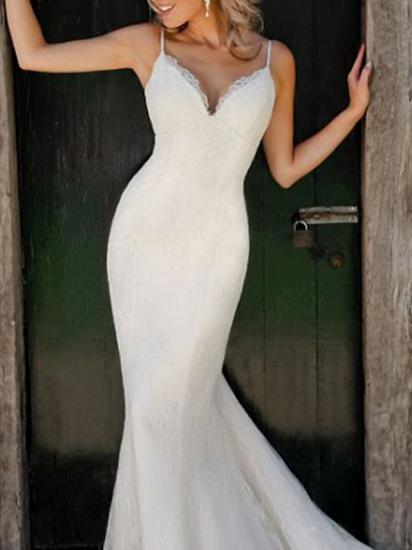 Sexy Mermaid Wedding Dress V-Neck Spaghetti Strap Lace Sleeveless Simple Bridal Gowns Sweep Train_3