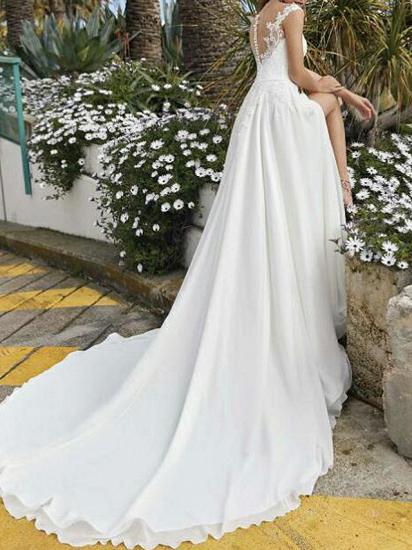 A-Line Wedding Dress V-neck Chiffon Lace Sleeveless Bridal Gowns Beach Sexy with Sweep Train_2