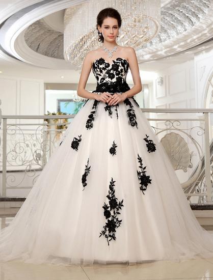 Chic Strapless Tulle Lace Wedding Dresses With Black Appliques_1