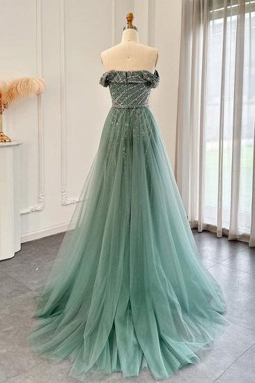 Charming Strapless Beading Mermaid Evening Dress Dubai Tulle Party Gown with Sweep Train_2