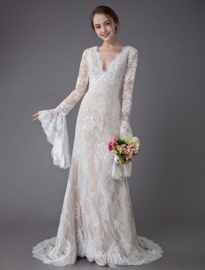 Vintage Deep V Neck Long Sleeves Lace A-Line Wedding Dresses_2