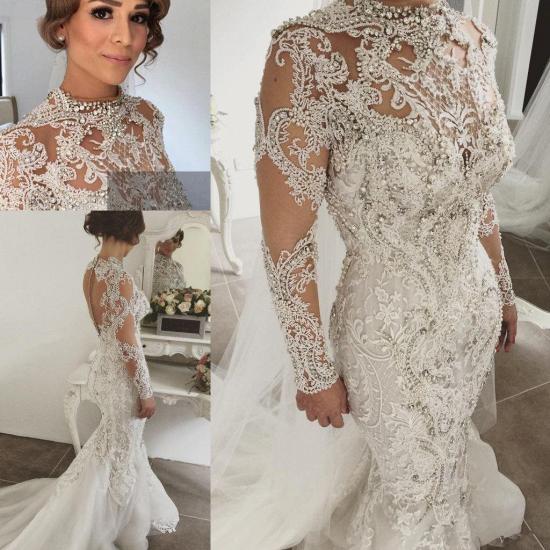 Elegant Mermaid Long Sleeves Lace High Neck Crystal Wedding Dresses | Sexy Beading Bridal Gowns With Buttons_4