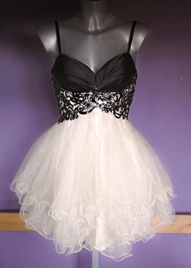 Mini-Organza-Schwarz-Weiß-Heimkehrkleid mit V-Ausschnitt, süße mehrschichtige Abendkleider