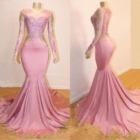 Pink Appliques Long Sleeves Prom Dresses | Gorgeous Mermaid Evening Gowns_5