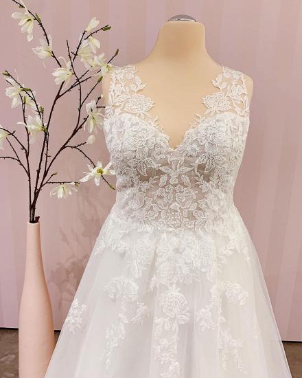 White V-Neck Tulle Lace A-line Simple Wedding Dress_2