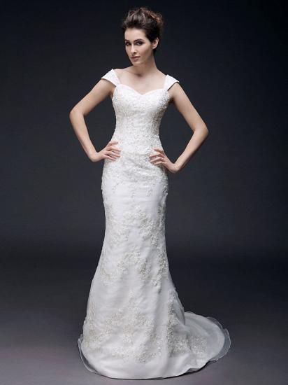 Affordable Mermaid Off Shoulder Wedding Dress Organza Short Sleeve Bridal Gowns with Sweep Train_1